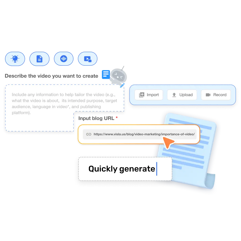 Visla’s interface where users can describe a video project or upload content to generate a video.
